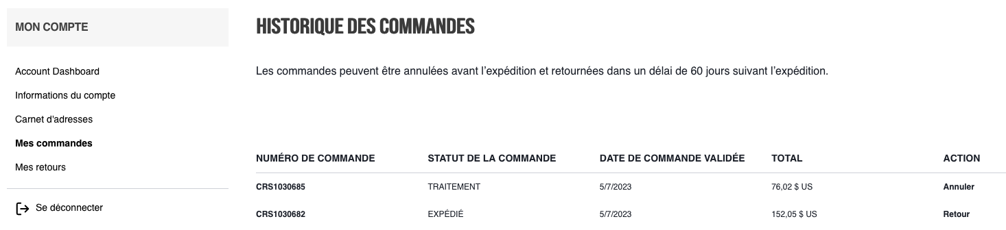 Order history page with details and actions.