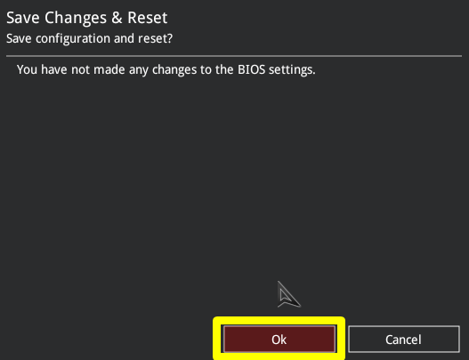BIOS settings confirmation dialog box.