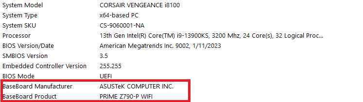 Computer specifications and motherboard details.