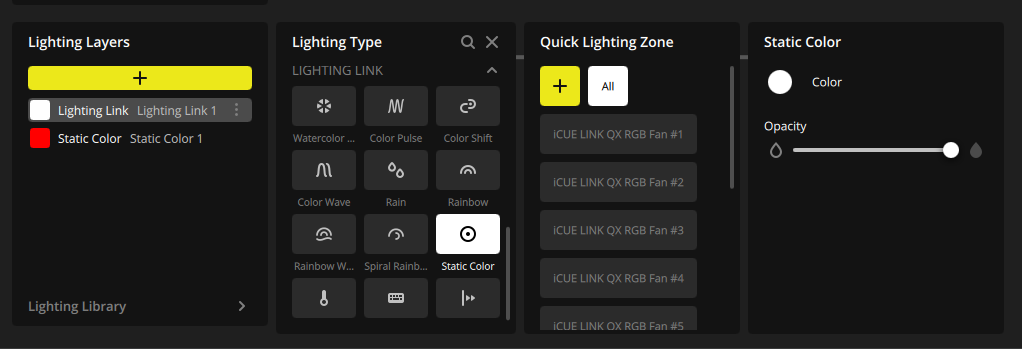 Lighting control interface with various settings.