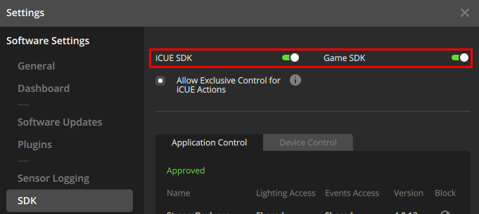 Settings menu for iCUE and Game SDK options.