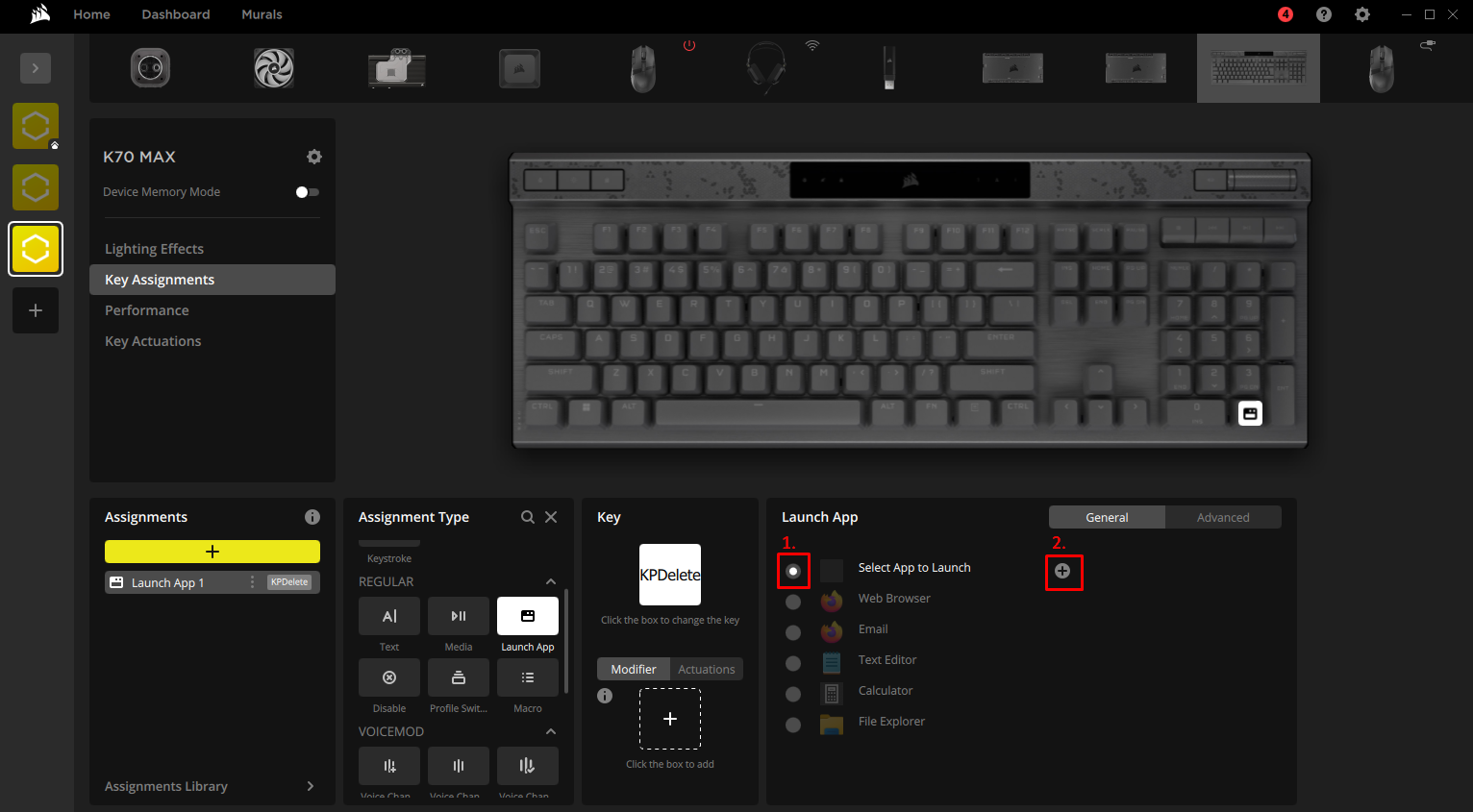 Keyboard configuration interface with key assignments.