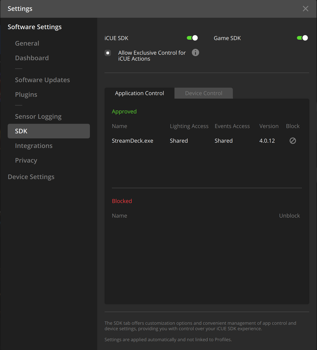 Settings menu for iCUE SDK and application control.