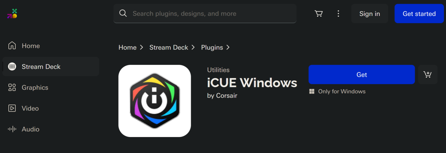 Stream Deck plugin page for iCUE Windows.