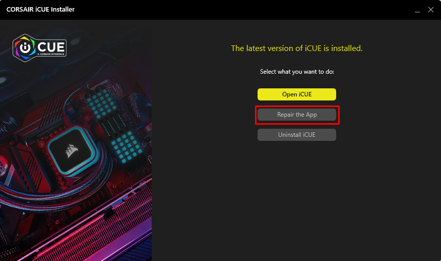 iCUE installer with options to open, repair, or uninstall.