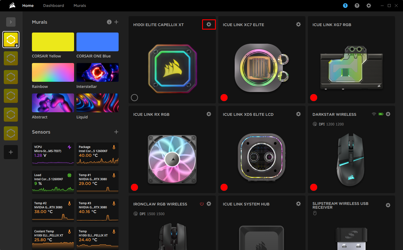 Corsair iCUE software dashboard with RGB devices.