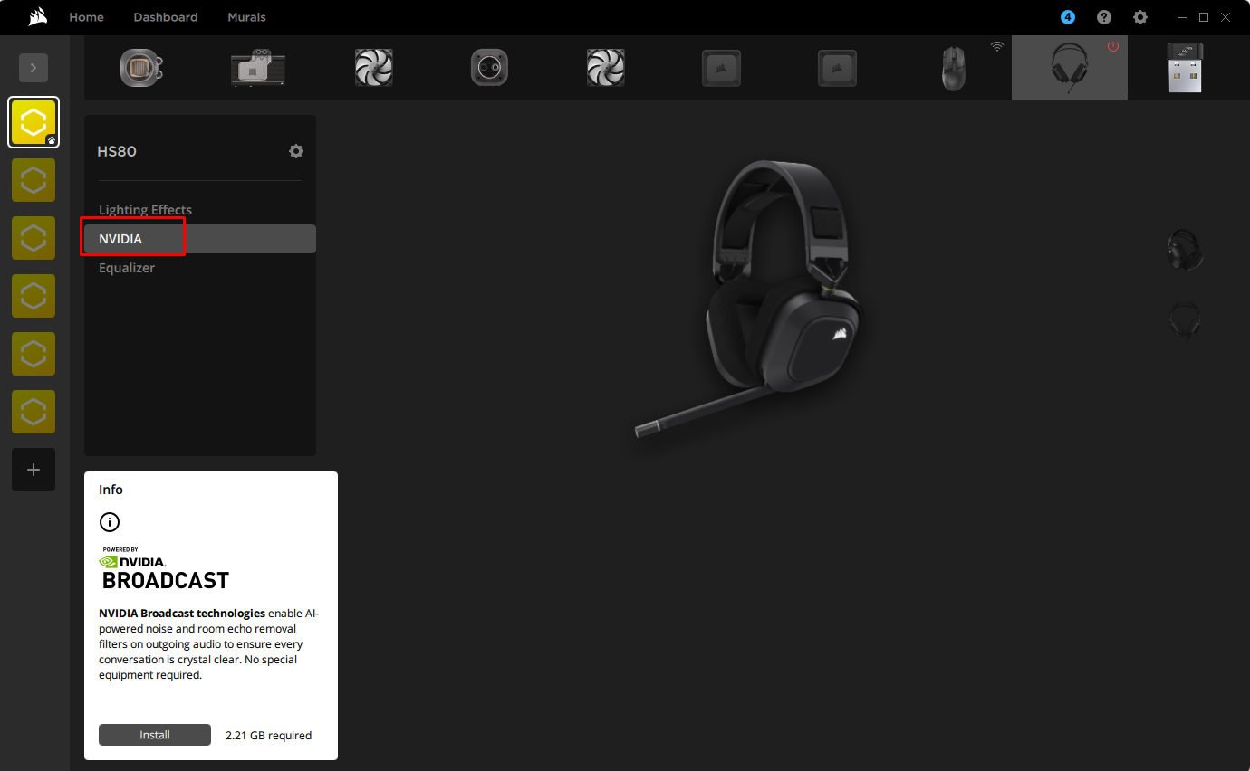 Corsair HS80 headset with NVIDIA settings displayed.