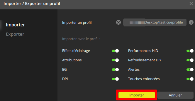 Profile import/export settings interface.