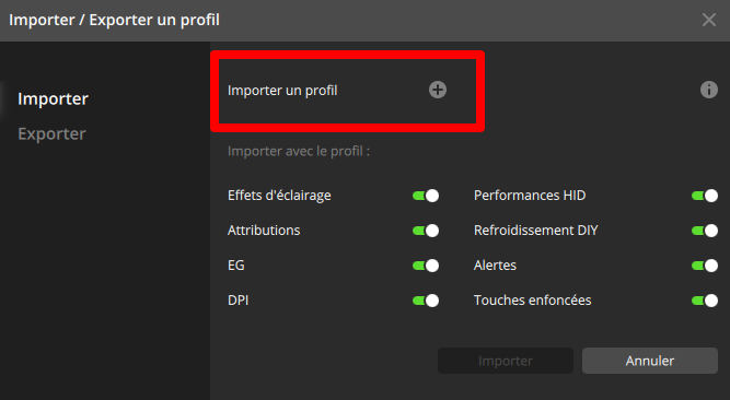 Profile import/export interface with settings options.