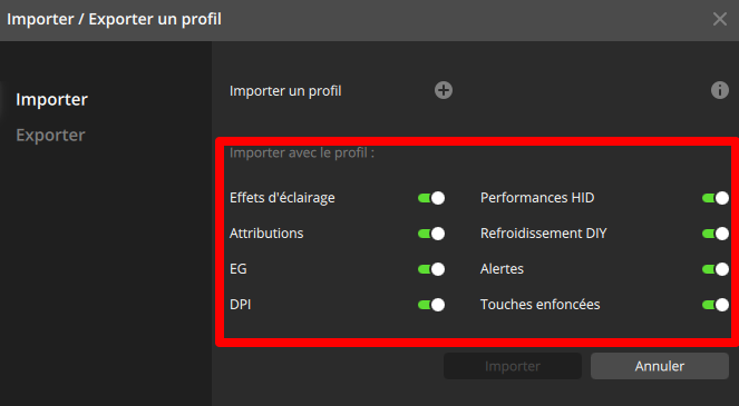 Settings menu for importing/exporting profiles.