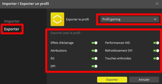 Settings menu for exporting a gaming profile.