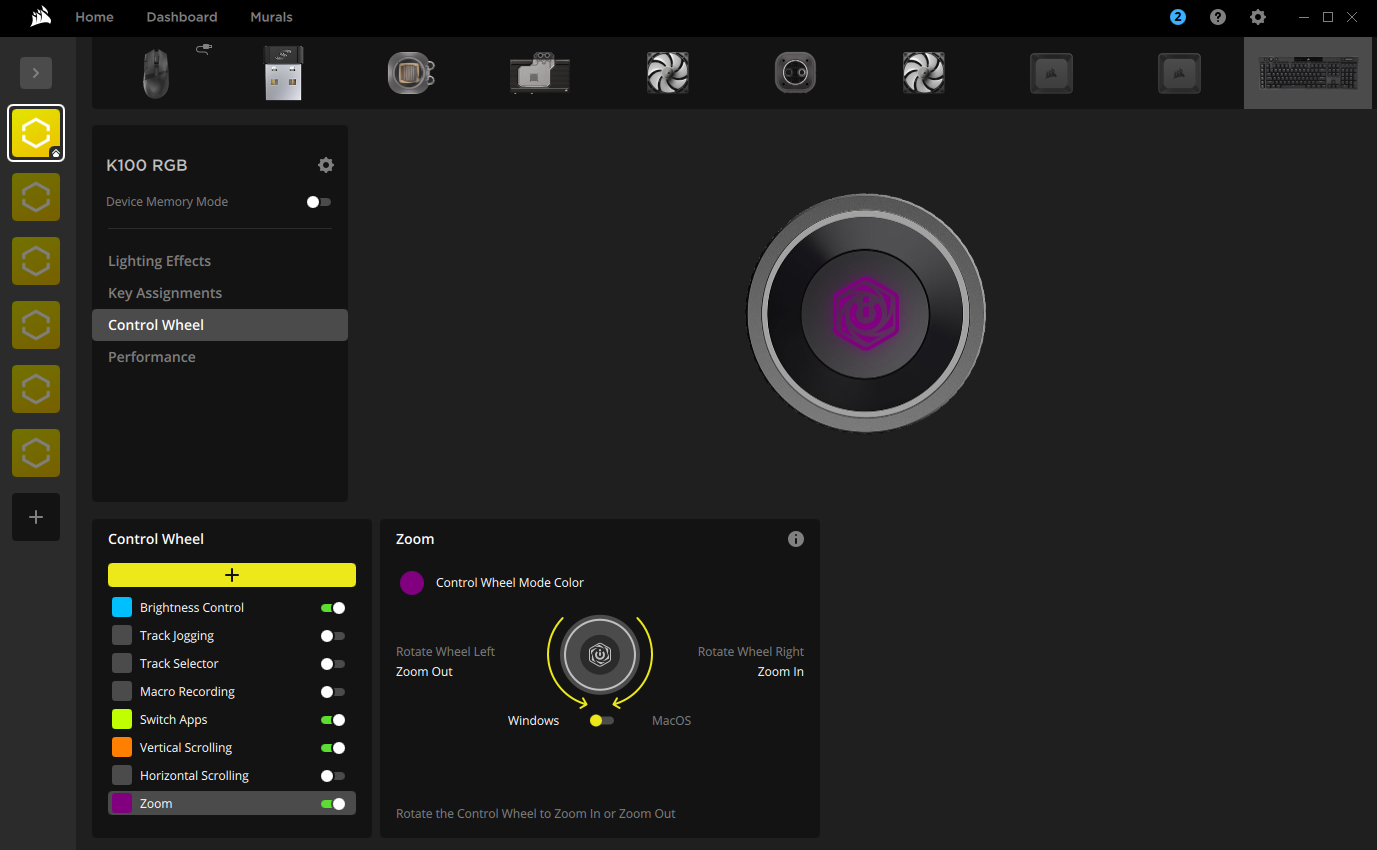 Control wheel settings interface for K100 RGB.