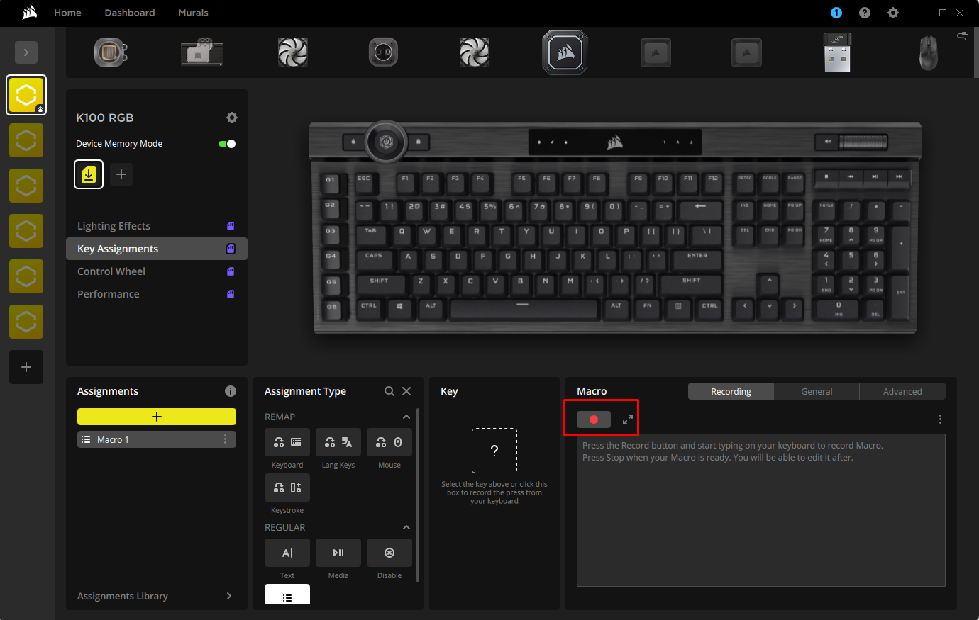 Keyboard settings interface with macro options.