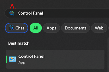 Search bar showing "Control Panel" app option.