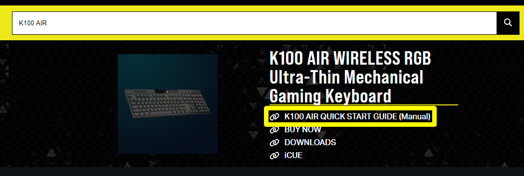 K100 Air wireless gaming keyboard display.