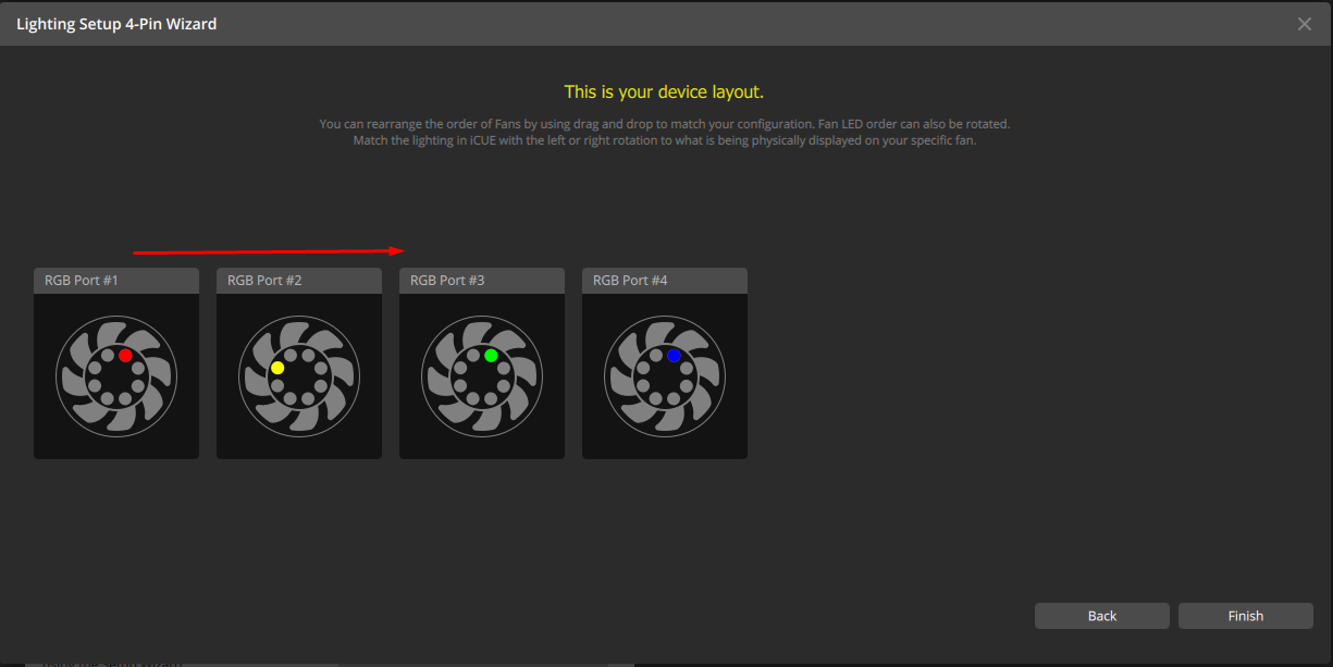 RGB fan setup interface with four ports displayed.