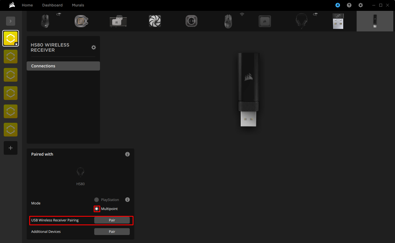 USB wireless receiver interface on a dark background.
