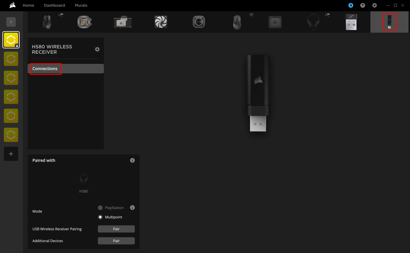 Corsair HS80 wireless receiver interface.
