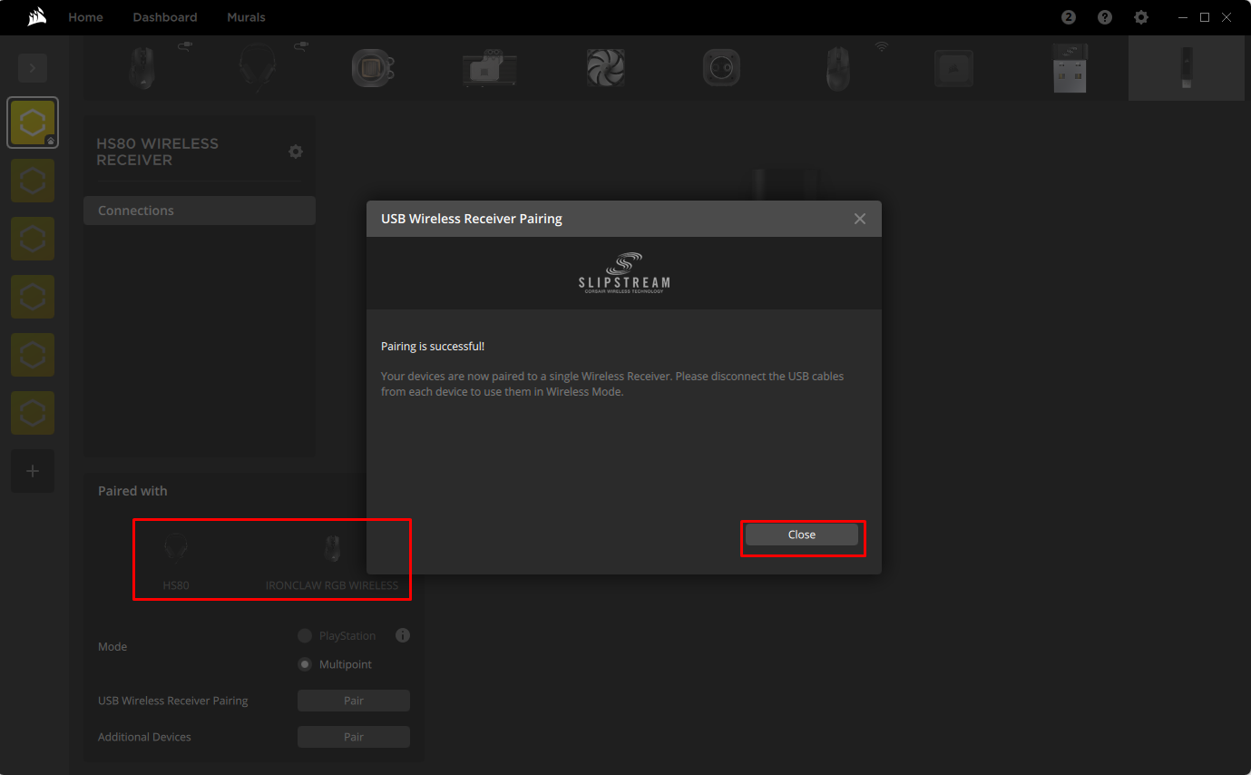 USB wireless receiver pairing successful message.
