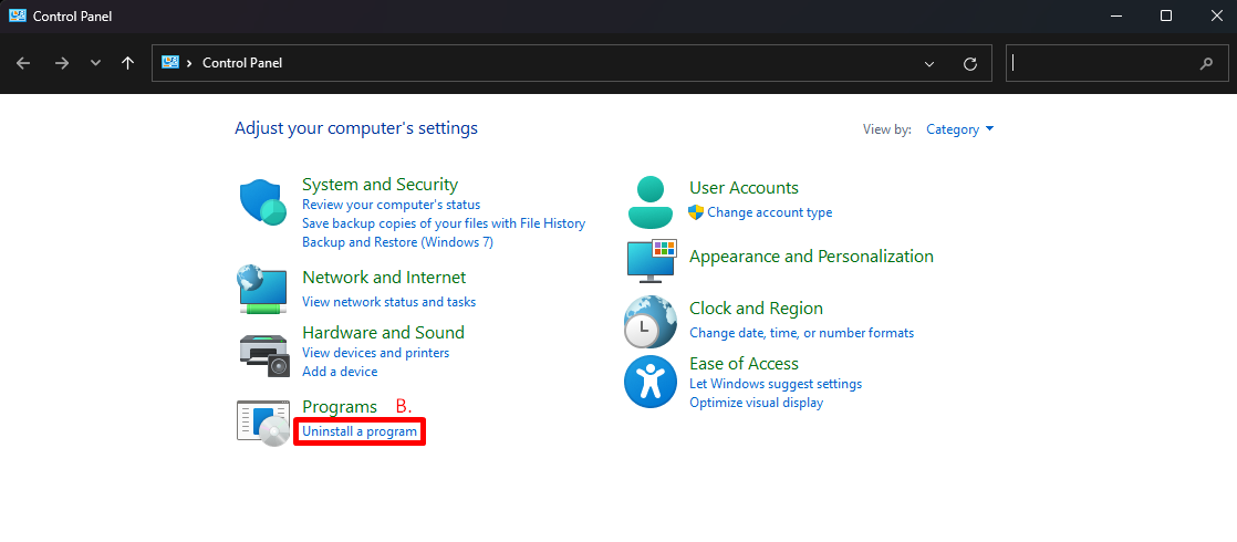 Control Panel with "Uninstall a program" highlighted.