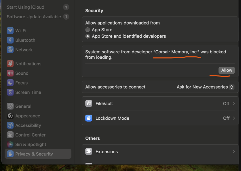 Security settings with blocked software notification.