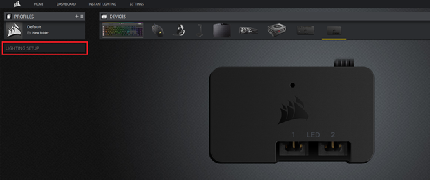 Corsair lighting setup interface with device options.
