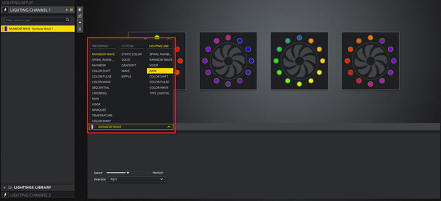 Lighting setup interface with color options displayed.