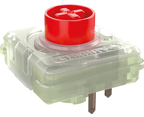 Red mechanical keyboard switch on a clear base.