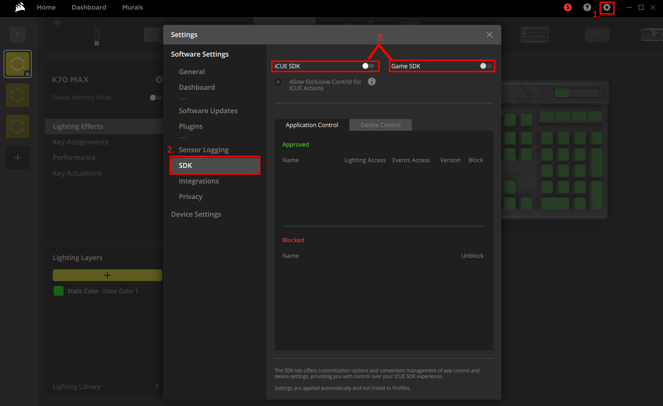 Settings menu for iCUE SDK configuration.