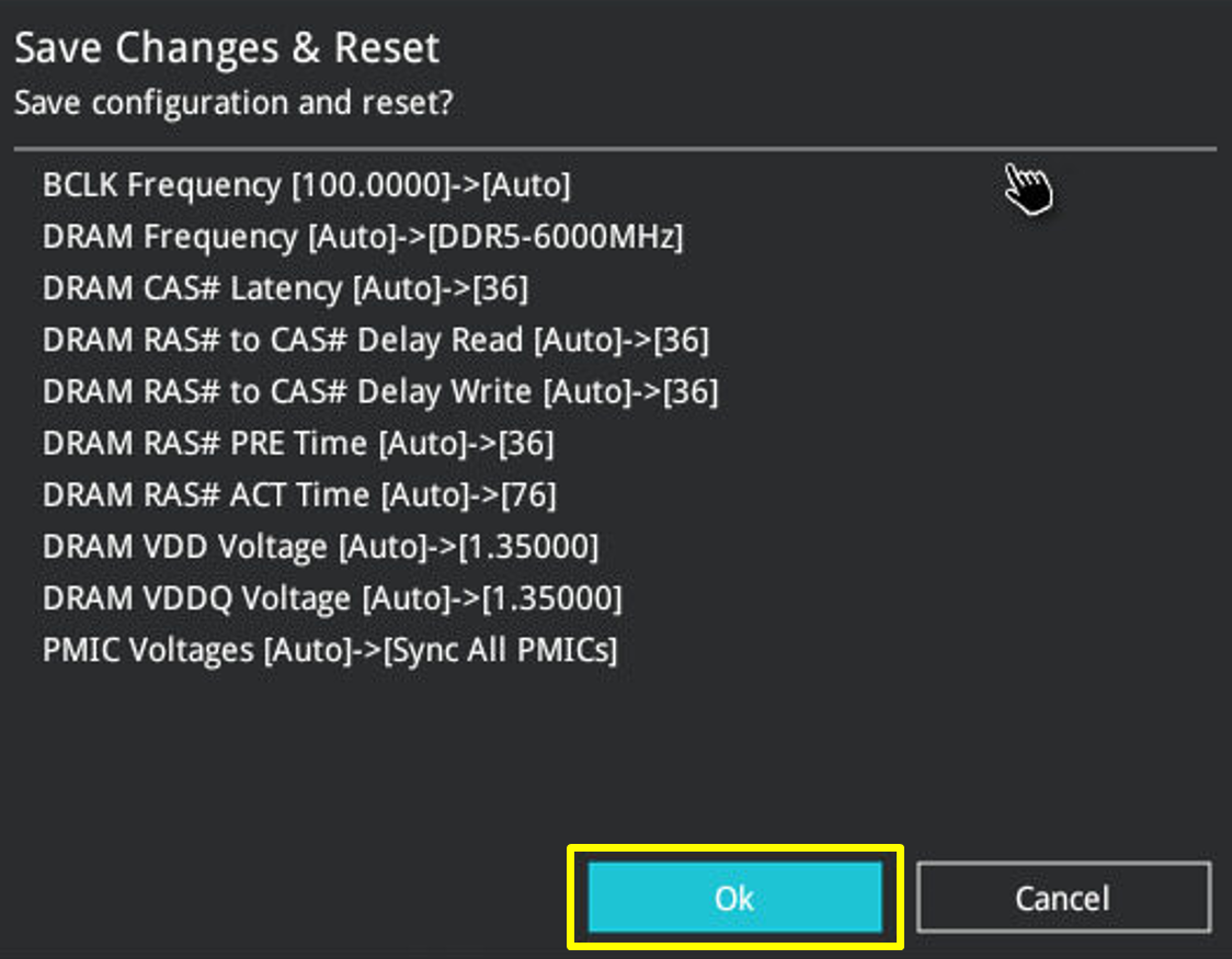Settings menu for saving changes and reset options.