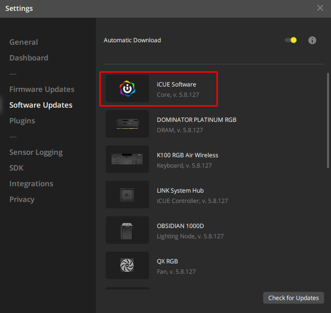 iCUE software update settings interface.