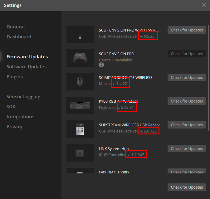 Firmware update settings for various devices.