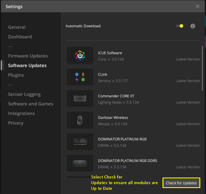 Software update settings interface.