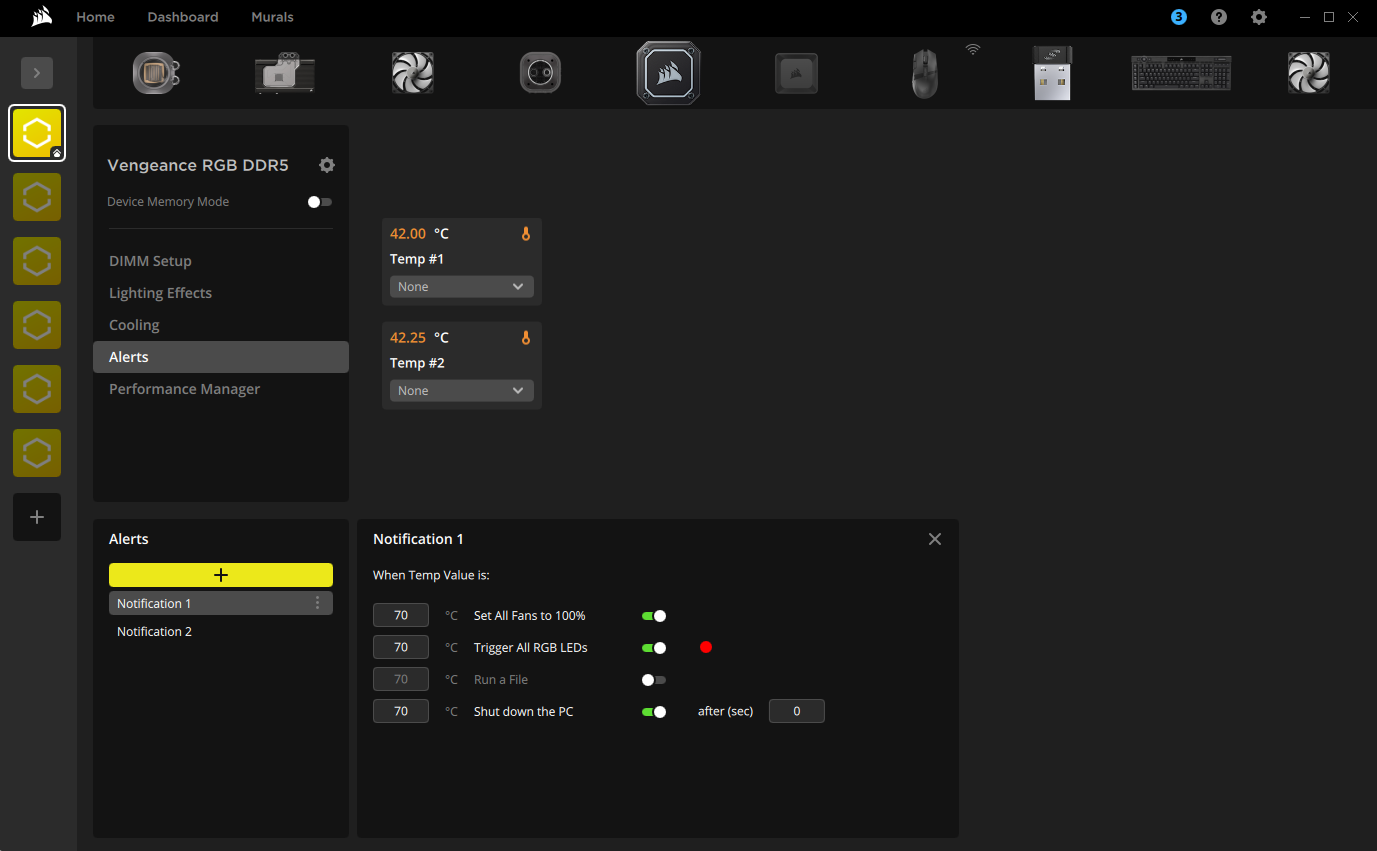 Corsair software interface showing temperature alerts.