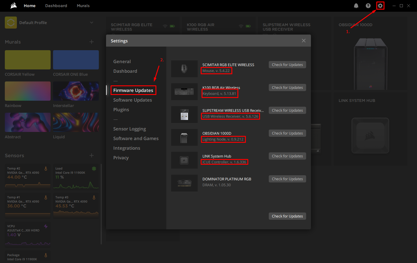 Firmware update settings for various devices.