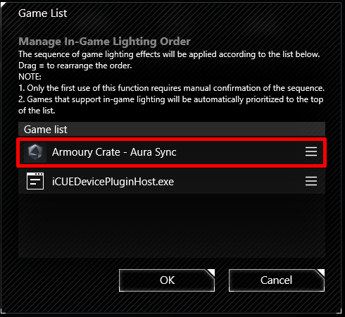 Game list settings for lighting effects management.