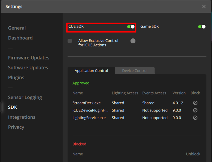 Settings menu for iCUE SDK and application control.