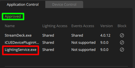Application control settings with approved status.