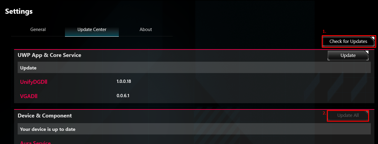 Settings menu with update options displayed.