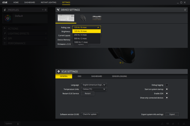 iCUE software settings interface for a gaming mouse.