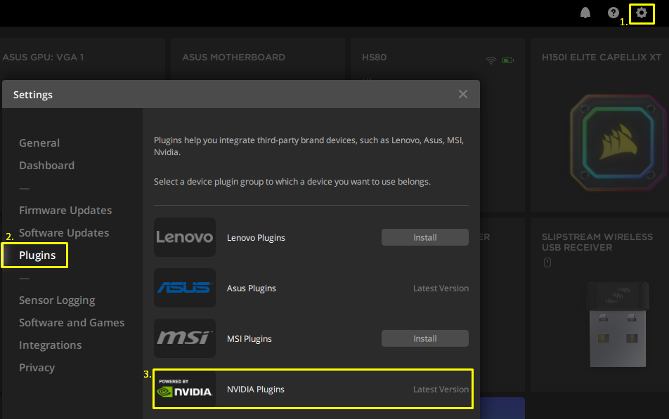 Settings menu showing plugin options for devices.