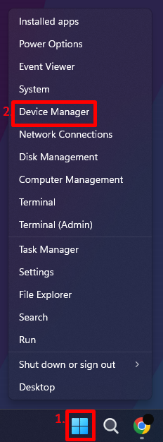 Windows menu with Device Manager highlighted.