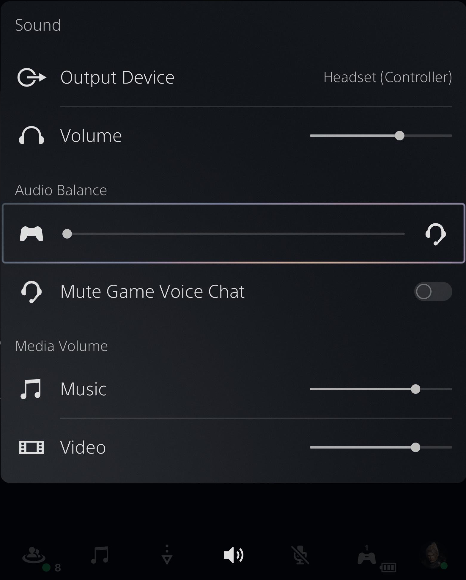 Audio settings menu with volume controls.