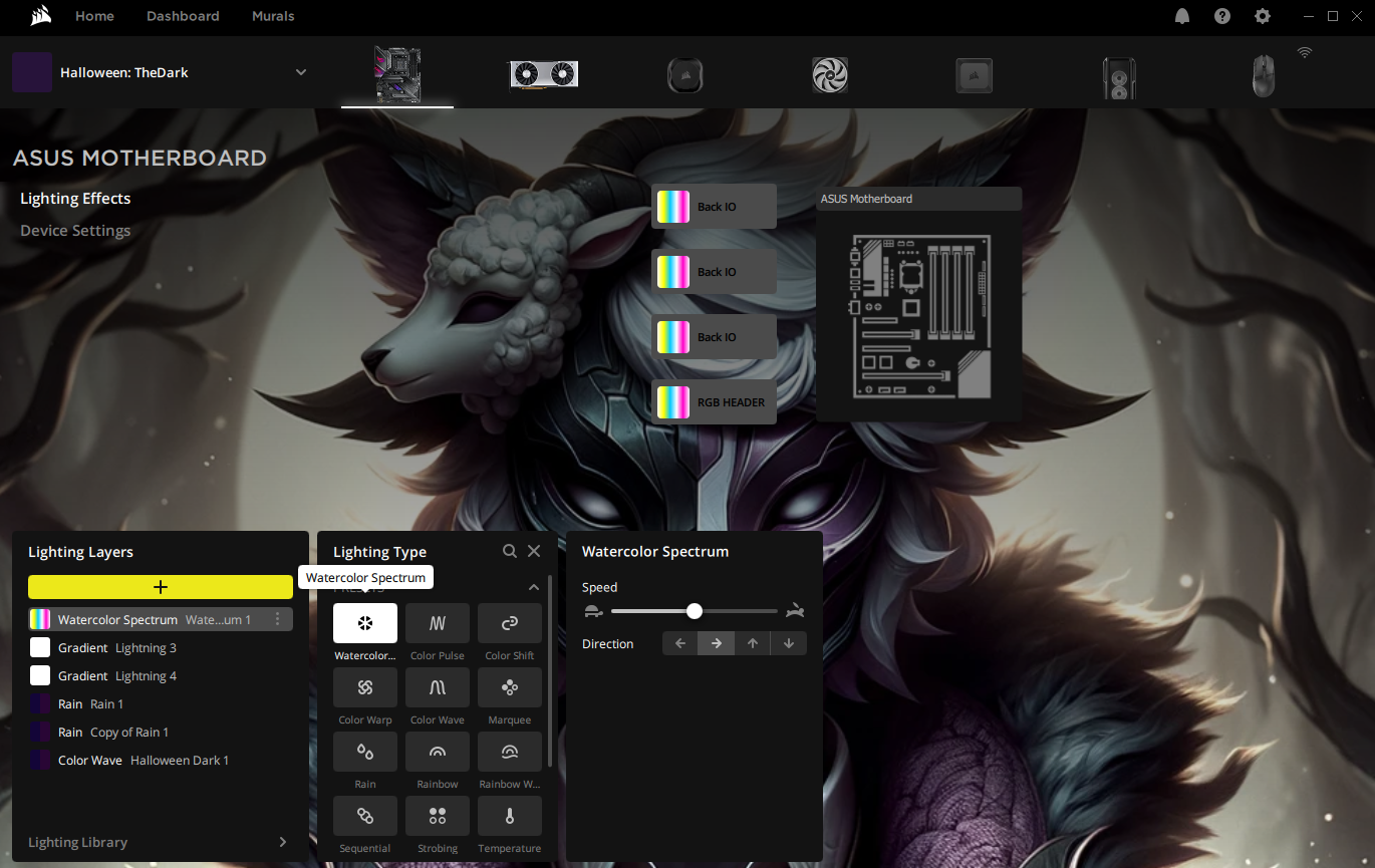 ASUS motherboard lighting settings interface.