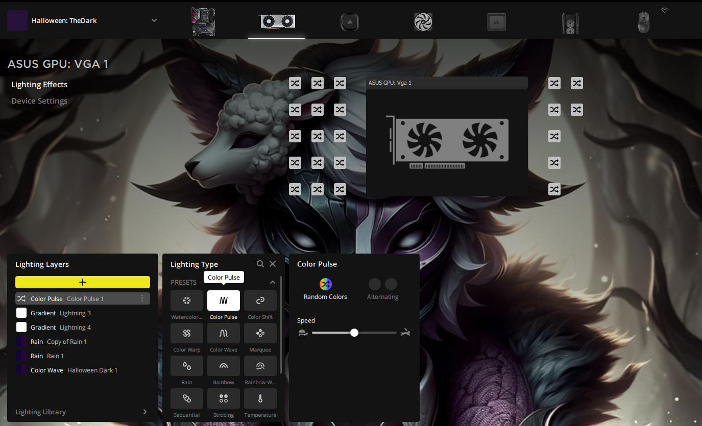 ASUS GPU lighting settings interface displayed.