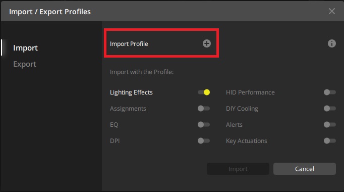 Import/export profile settings interface.