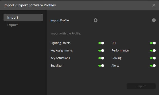 Import/export software profiles interface.