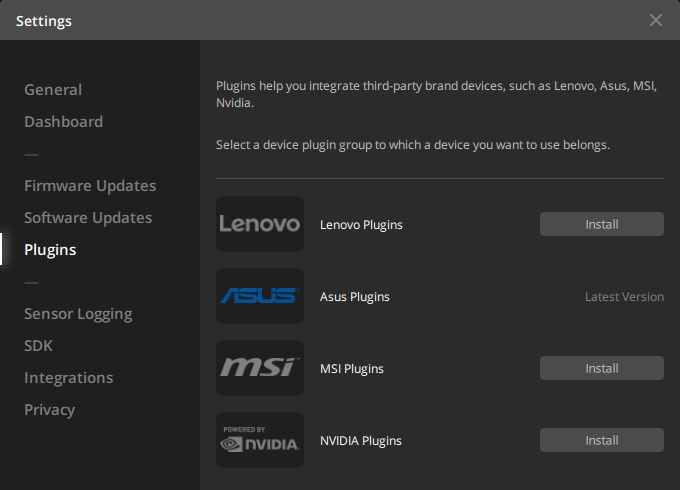 Settings menu for device plugins integration.