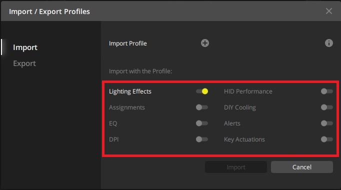 Settings menu for import/export profiles.