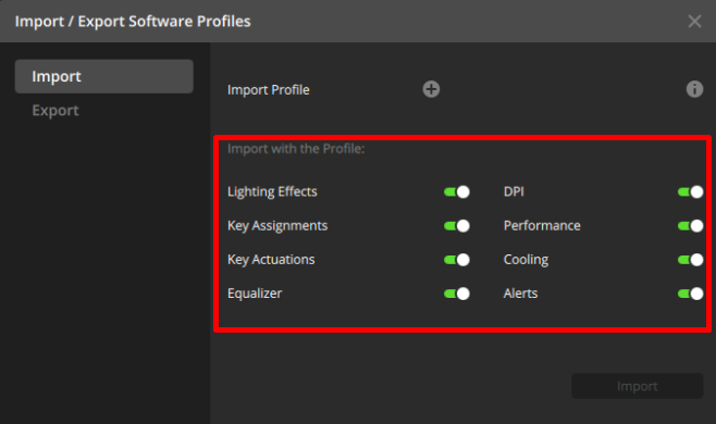 Import/export software profiles interface.